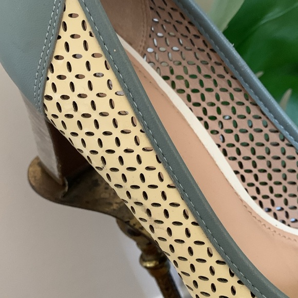 Sz 40 GEOX Respira Olive & Pale Butter Yellow Leather Heels Bow Detail - Picture 3 of 9